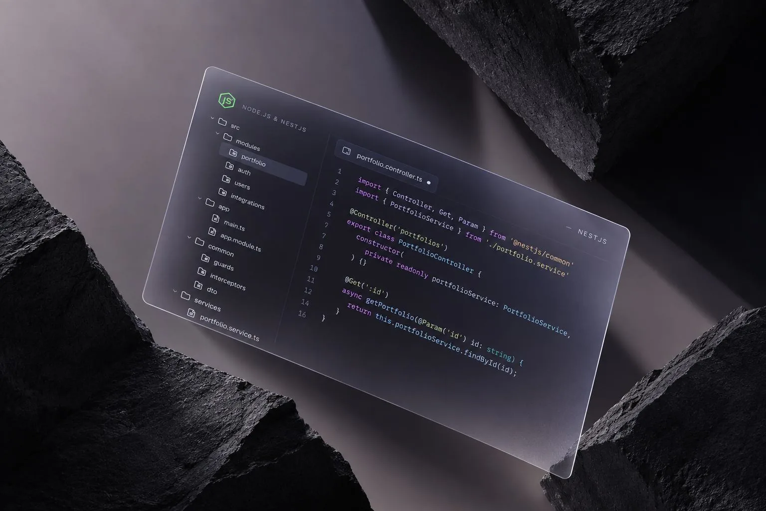 Un proyecto de Node.js y NestJS abierto en un editor de código