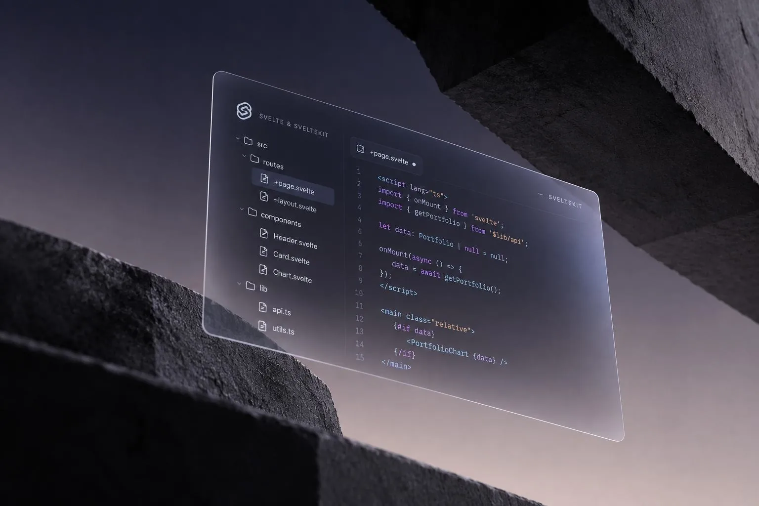 Un proyecto de Svelte y SvelteKit abierto en un editor de código
